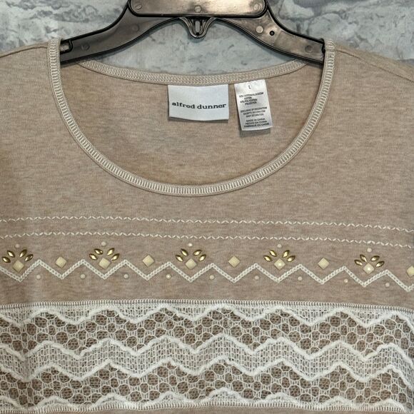 Alfred Dunner Blouse Womens L Tan White Scoop Neck Lace Embellished Long Sleeve - Picture 2 of 15